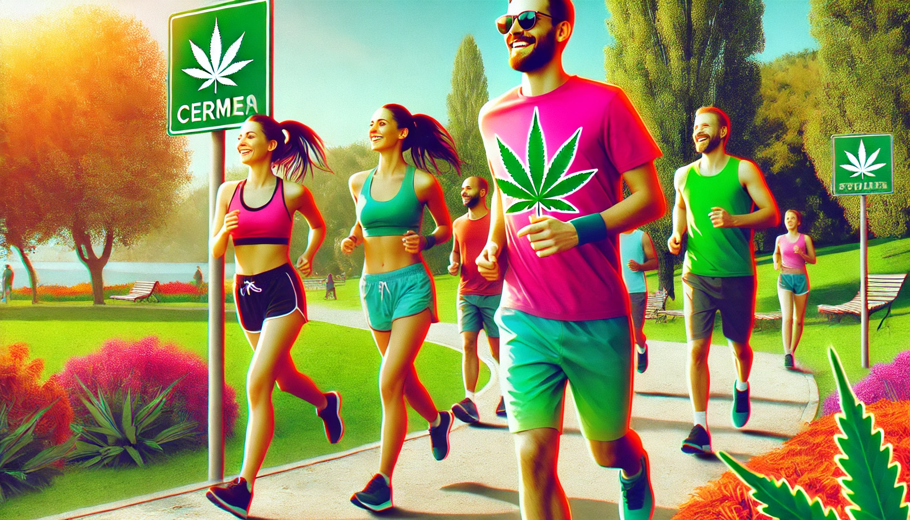 Happy people jogging and smoking cannabis